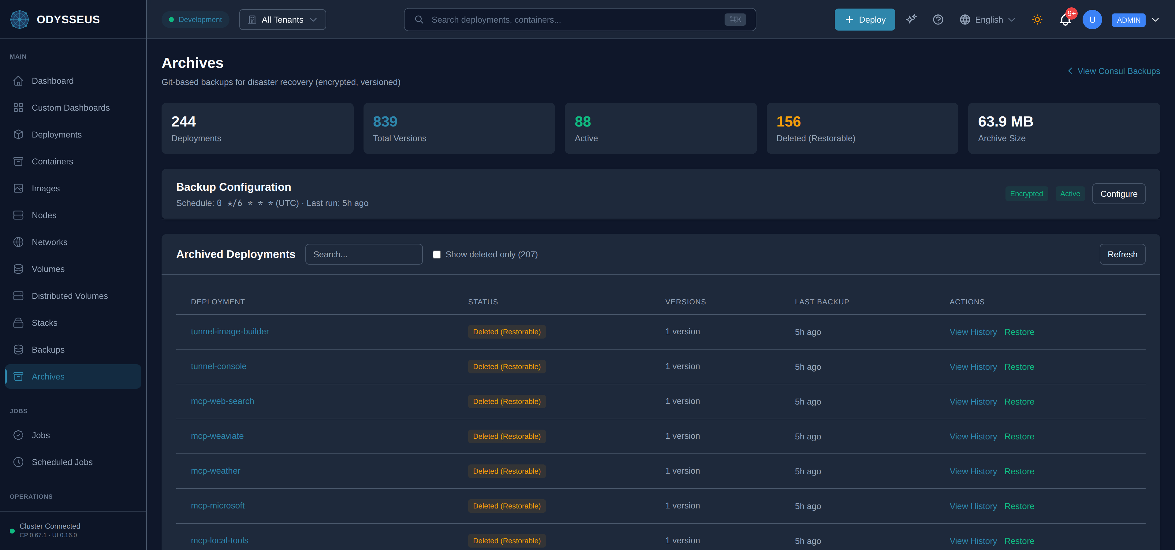 The Archives screen in the Odysseus dashboard.