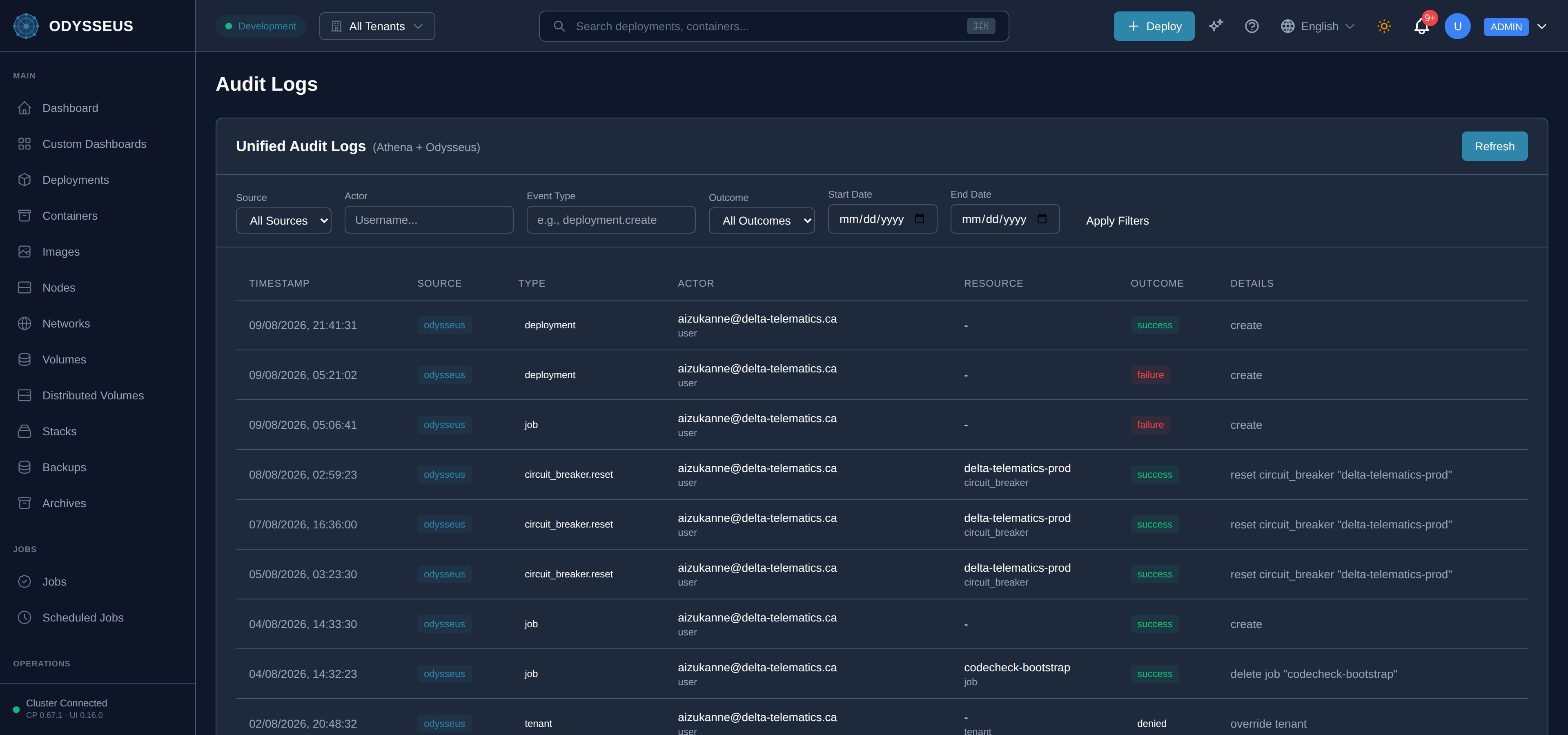 The Audit Log screen in the Odysseus dashboard.