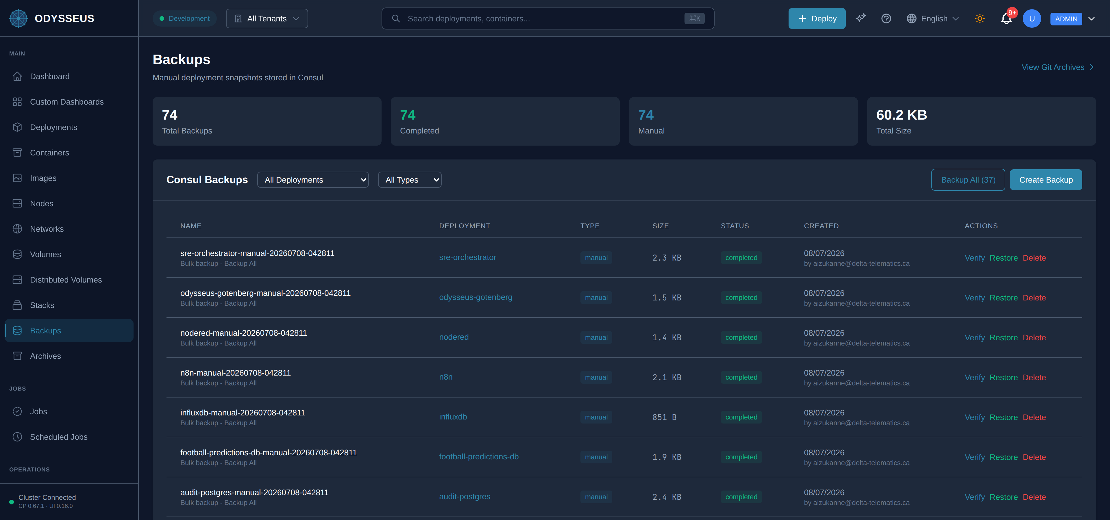 The Backups screen in the Odysseus dashboard.