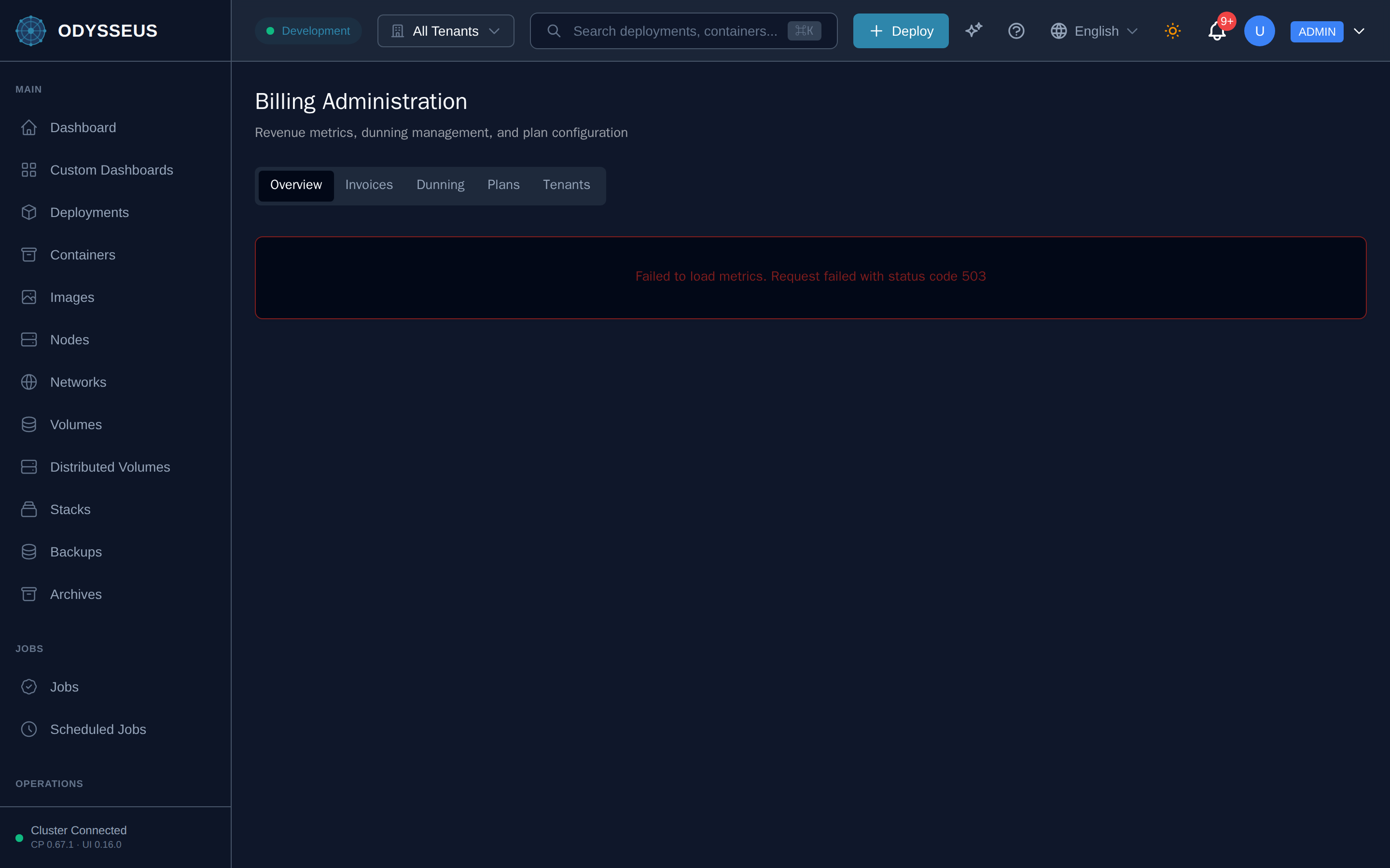 The Billing Admin screen in the Odysseus dashboard.