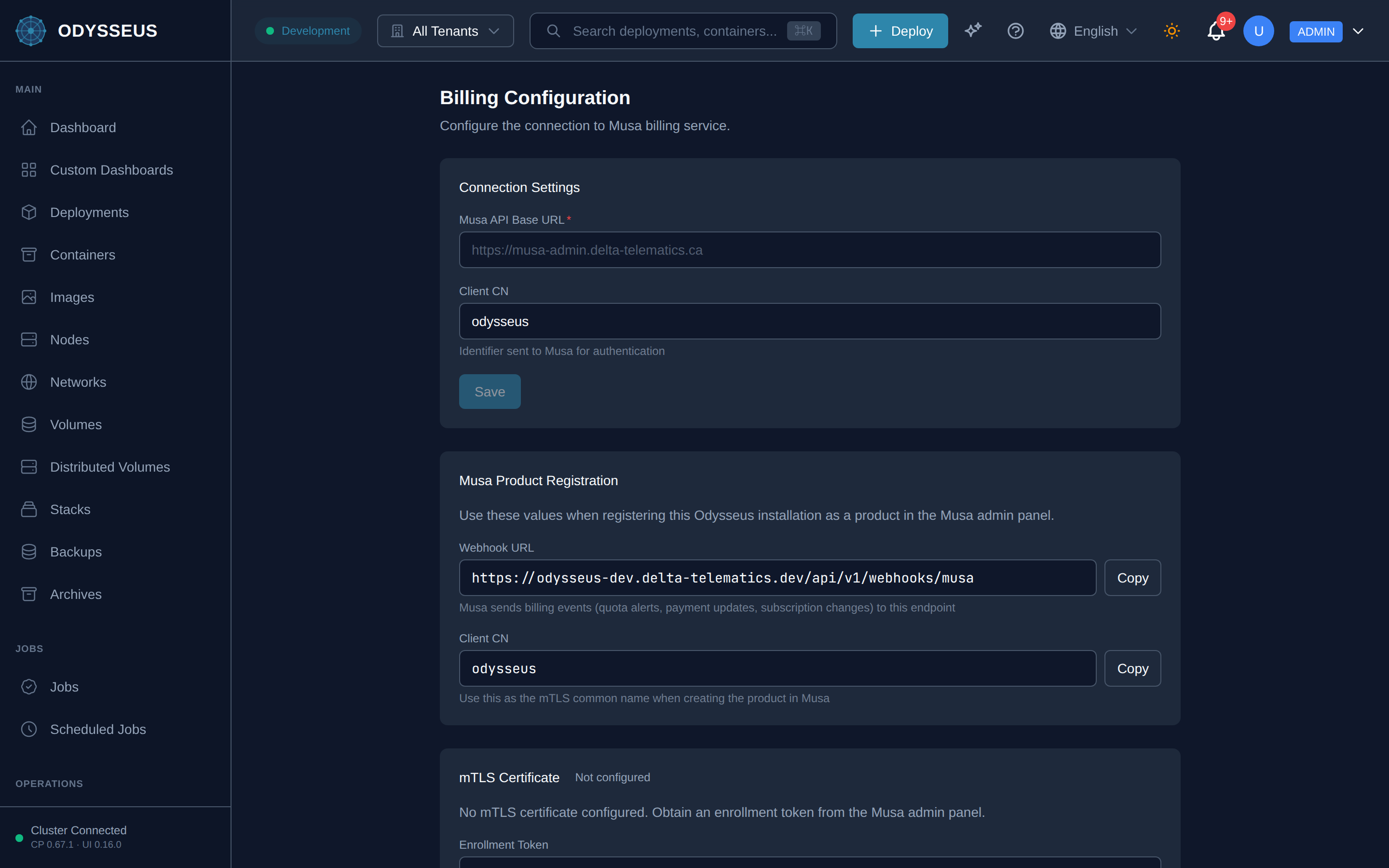 The Billing Config screen in the Odysseus dashboard.