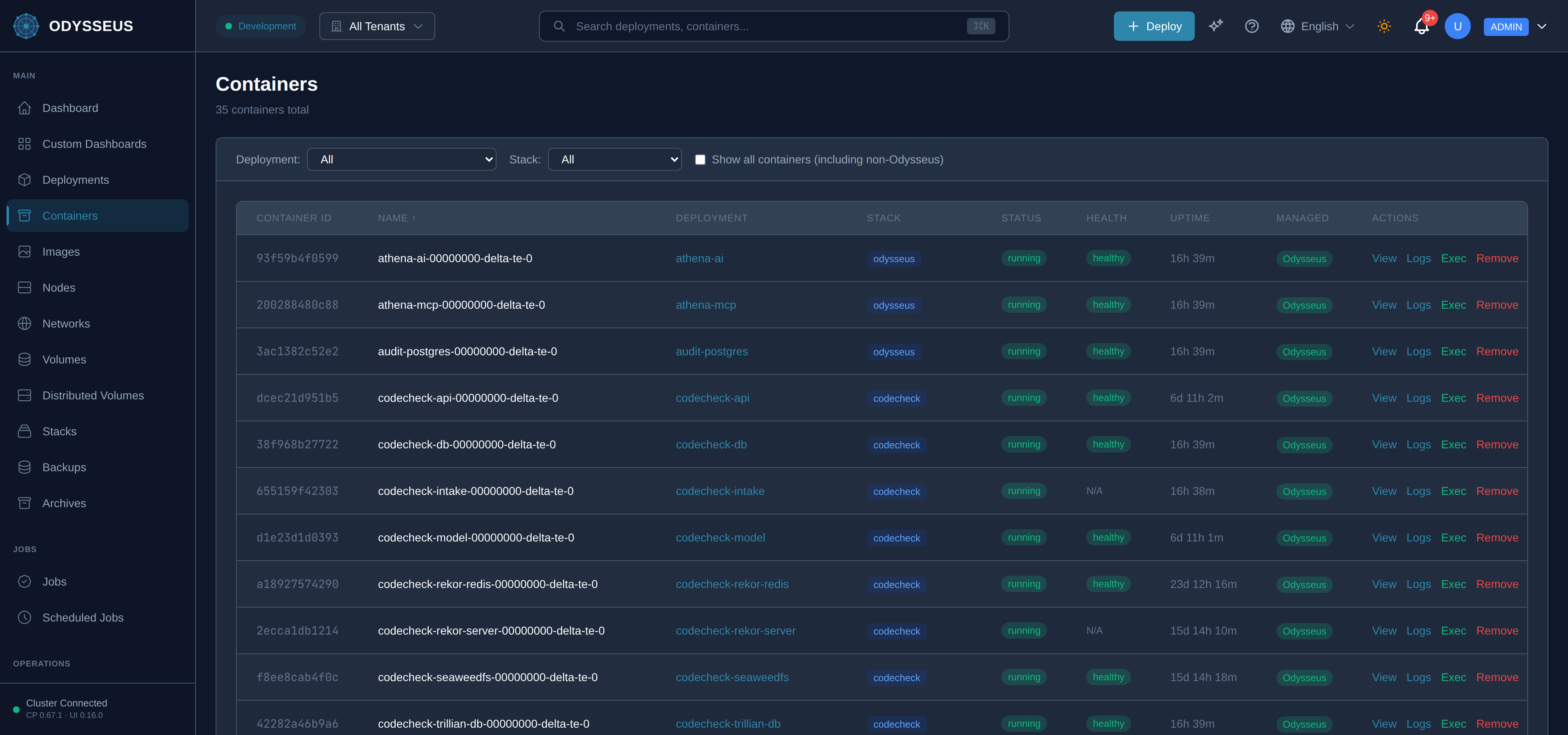 The Containers screen in the Odysseus dashboard.