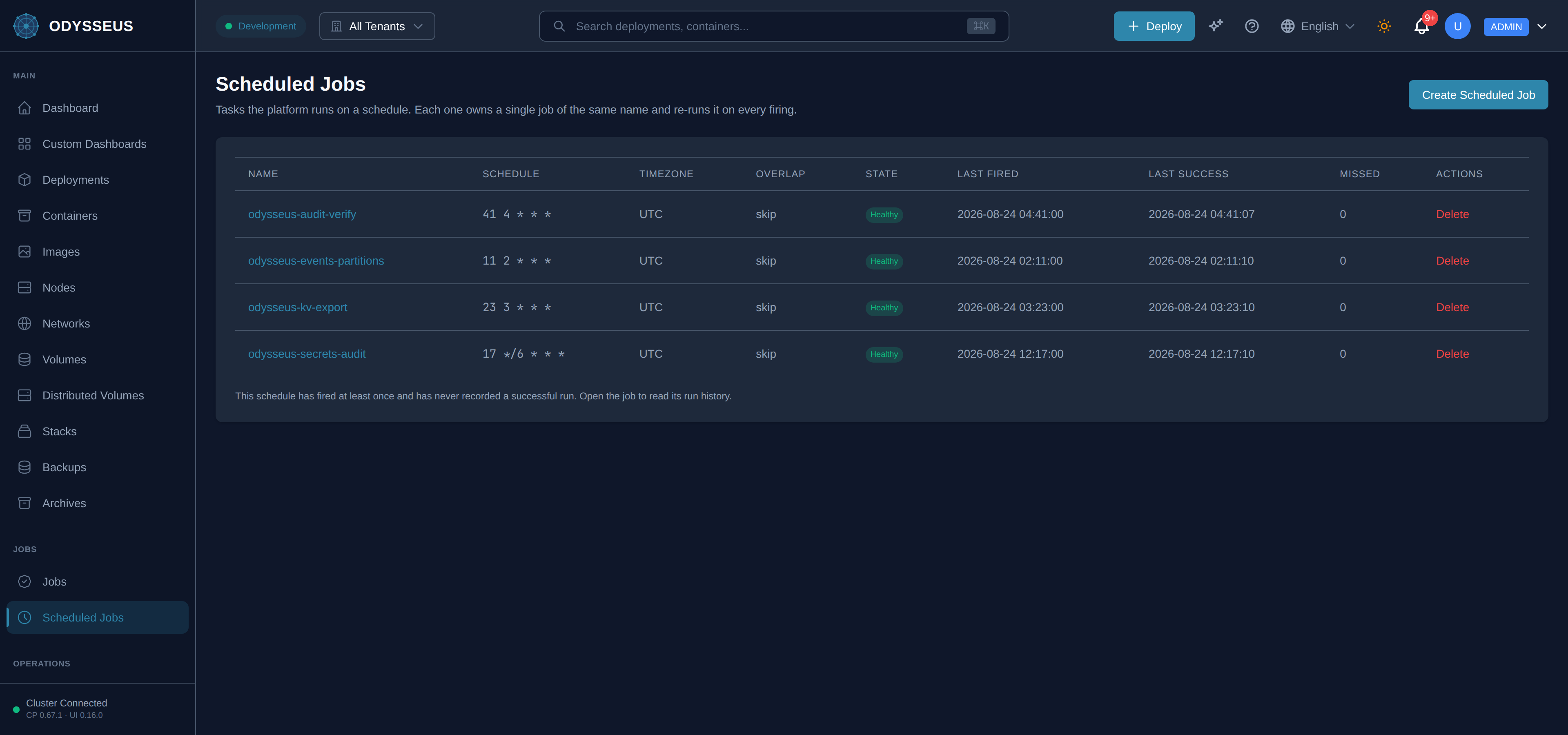 The Scheduled Jobs screen in the Odysseus dashboard.