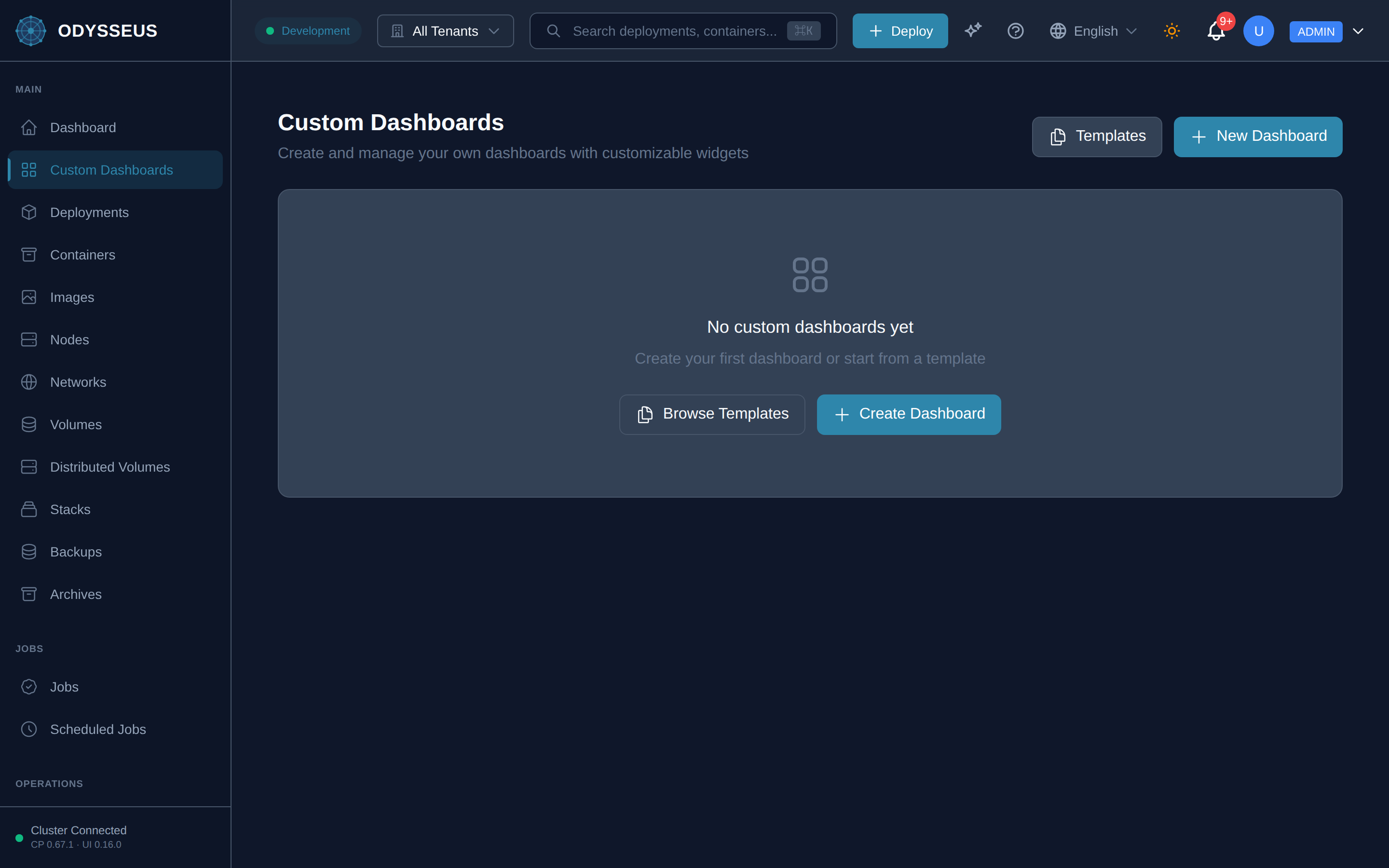The Custom Dashboards screen in the Odysseus dashboard.