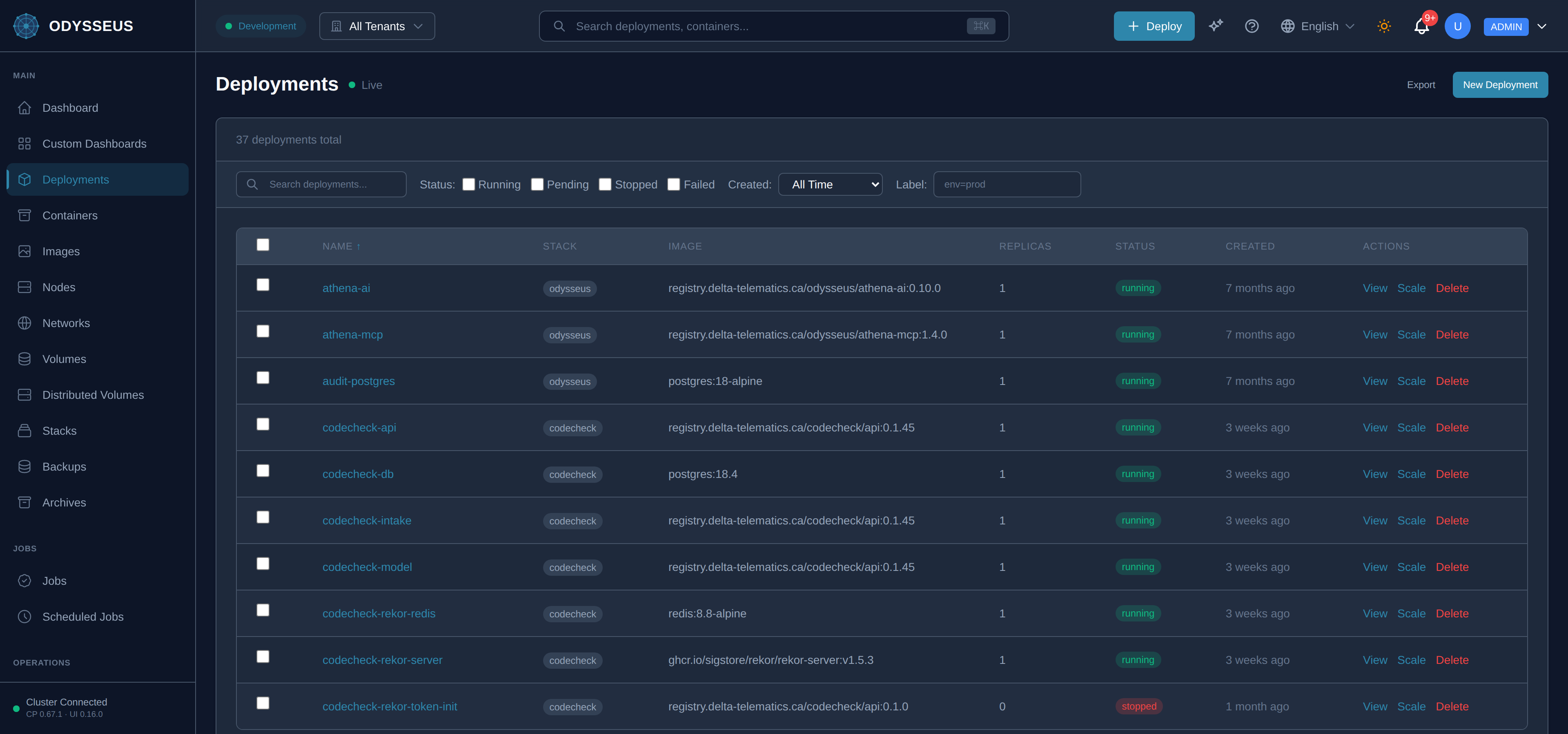 The Deployments list in the Odysseus dashboard, where the deployment created in these steps appears with its status and running replica count.