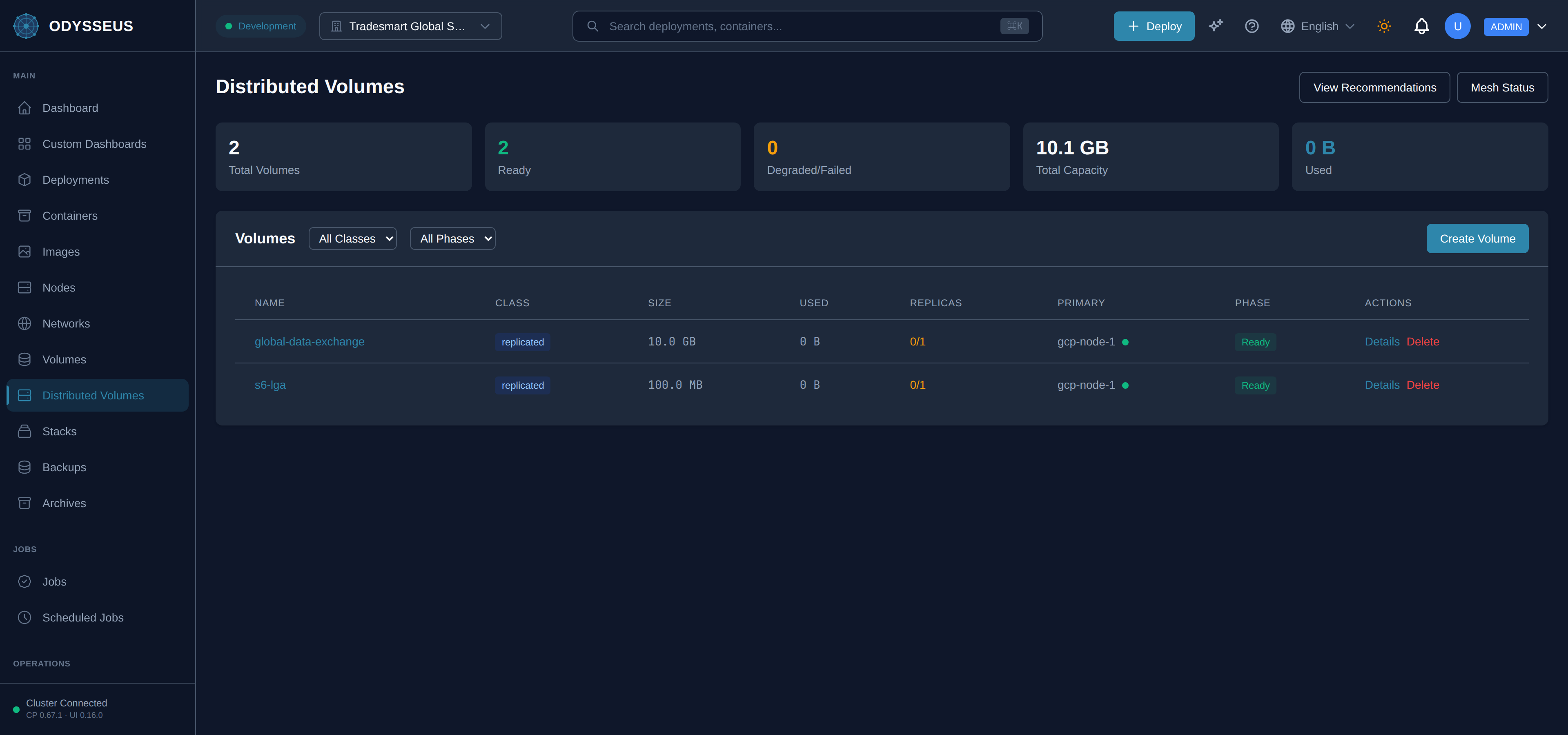The Distributed Volumes screen in the Odysseus dashboard.