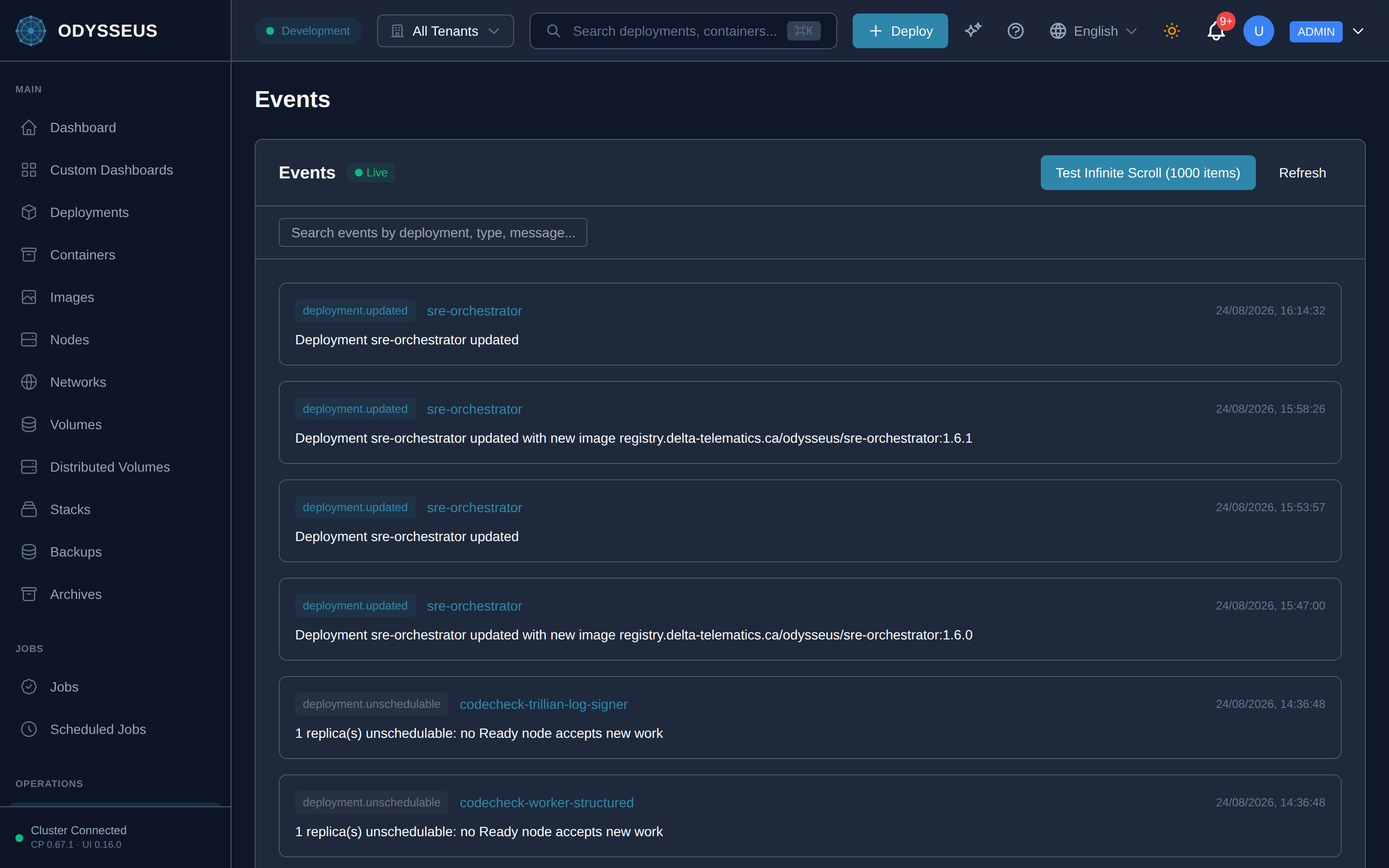 The Events screen in the Odysseus dashboard.