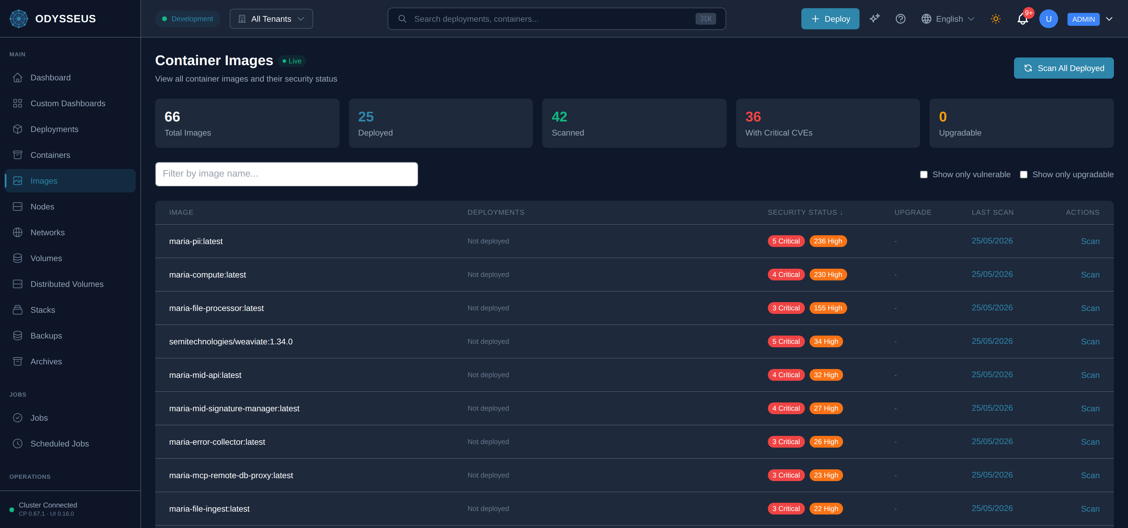The Images screen in the Odysseus dashboard.