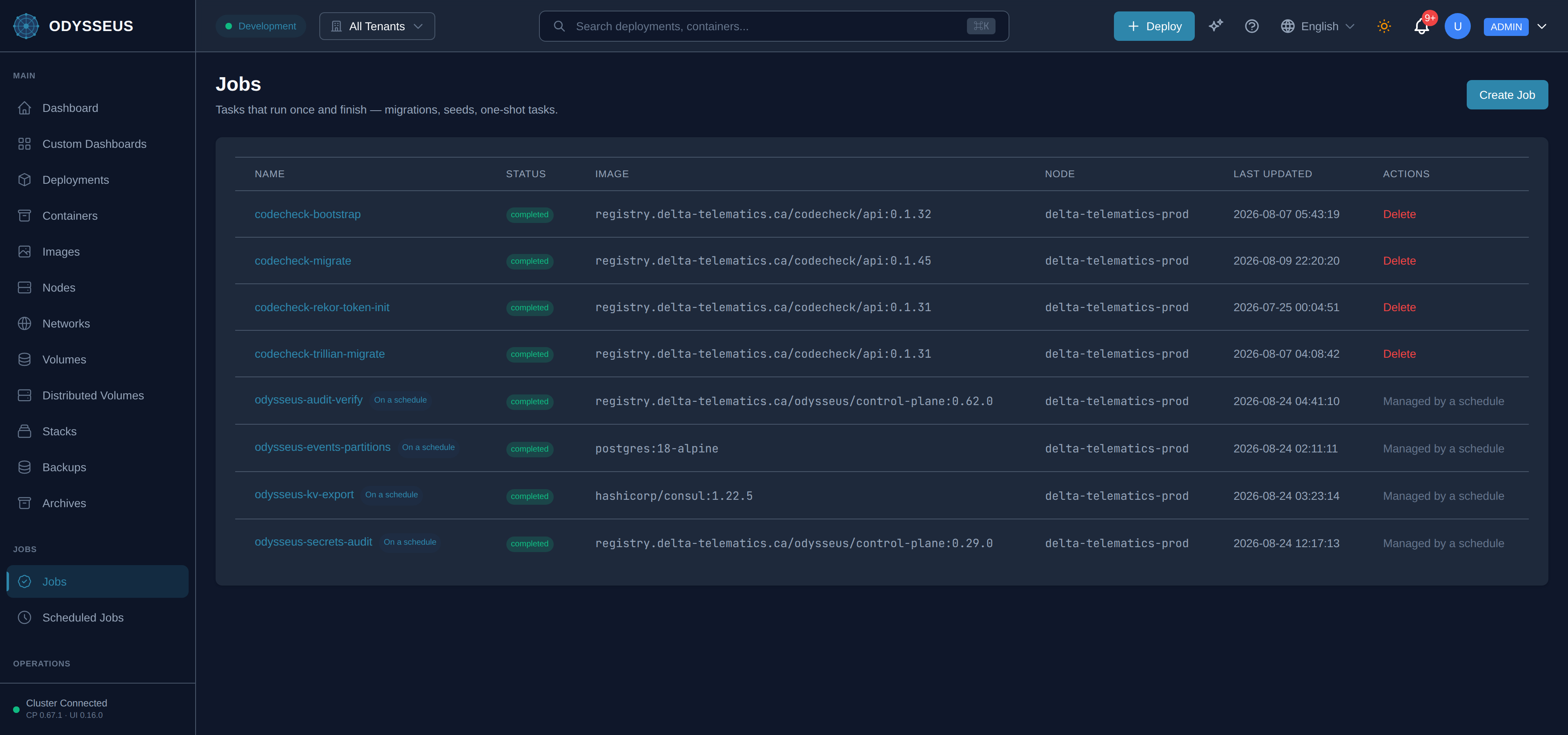 The Jobs screen in the Odysseus dashboard.