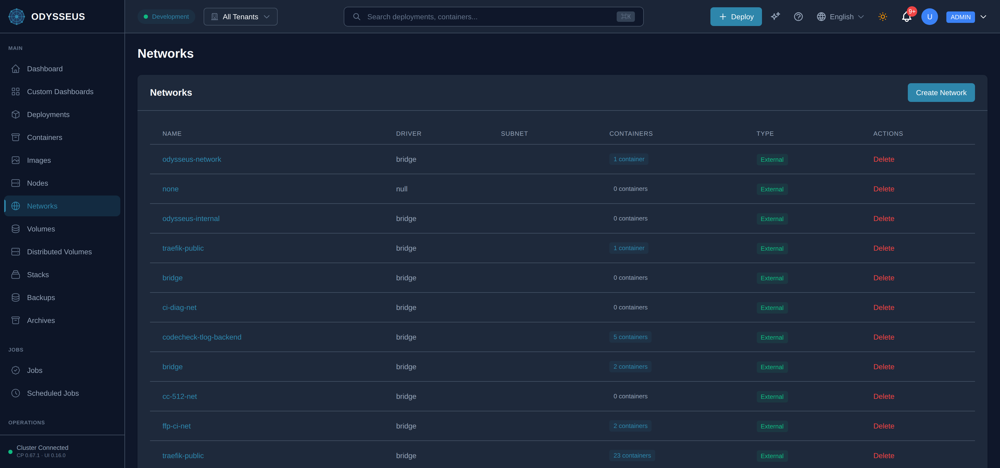 The Networks screen in the Odysseus dashboard.