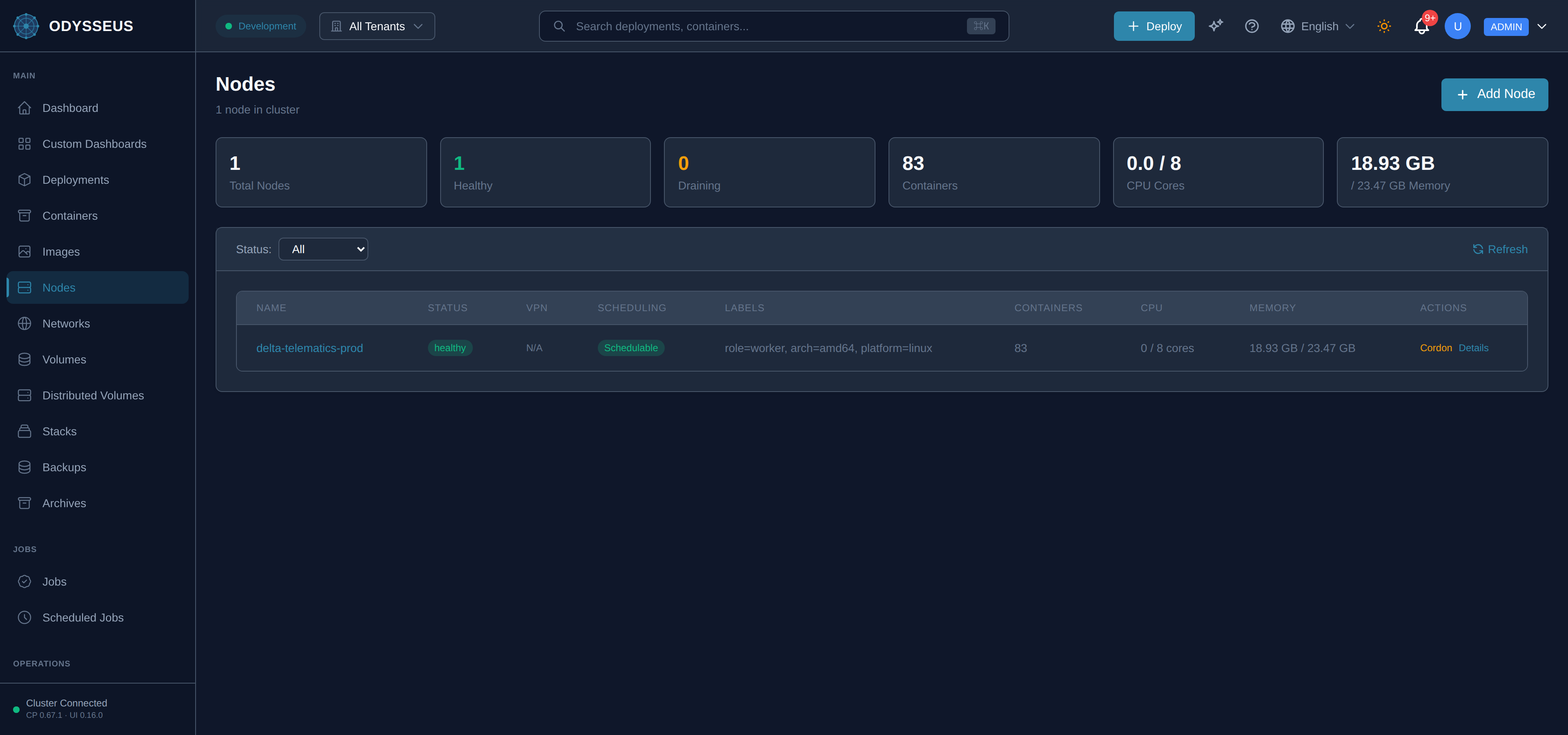 The Nodes screen in the Odysseus dashboard.