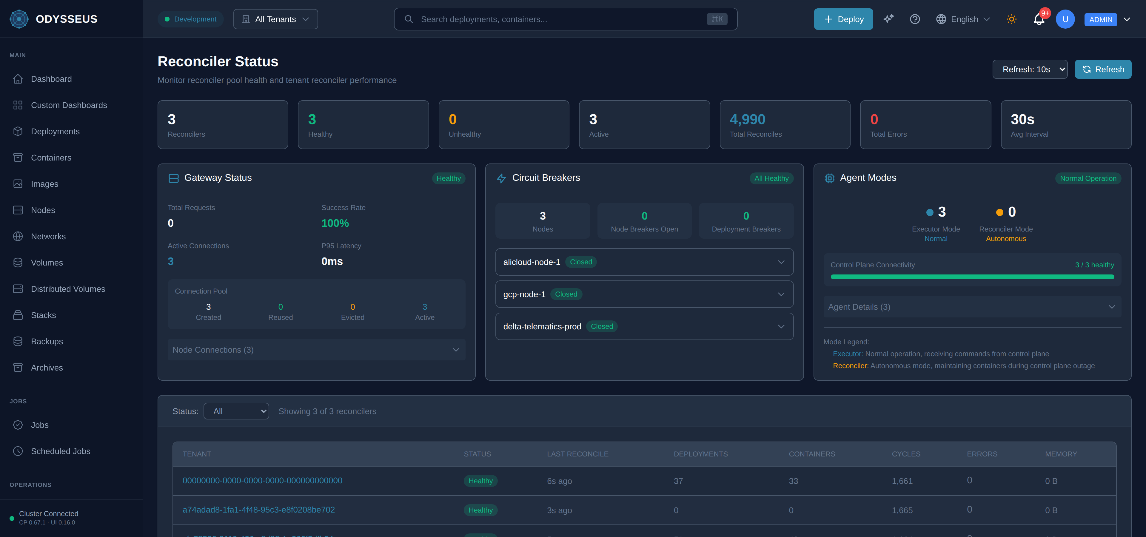 The Reconcilers screen in the Odysseus dashboard.