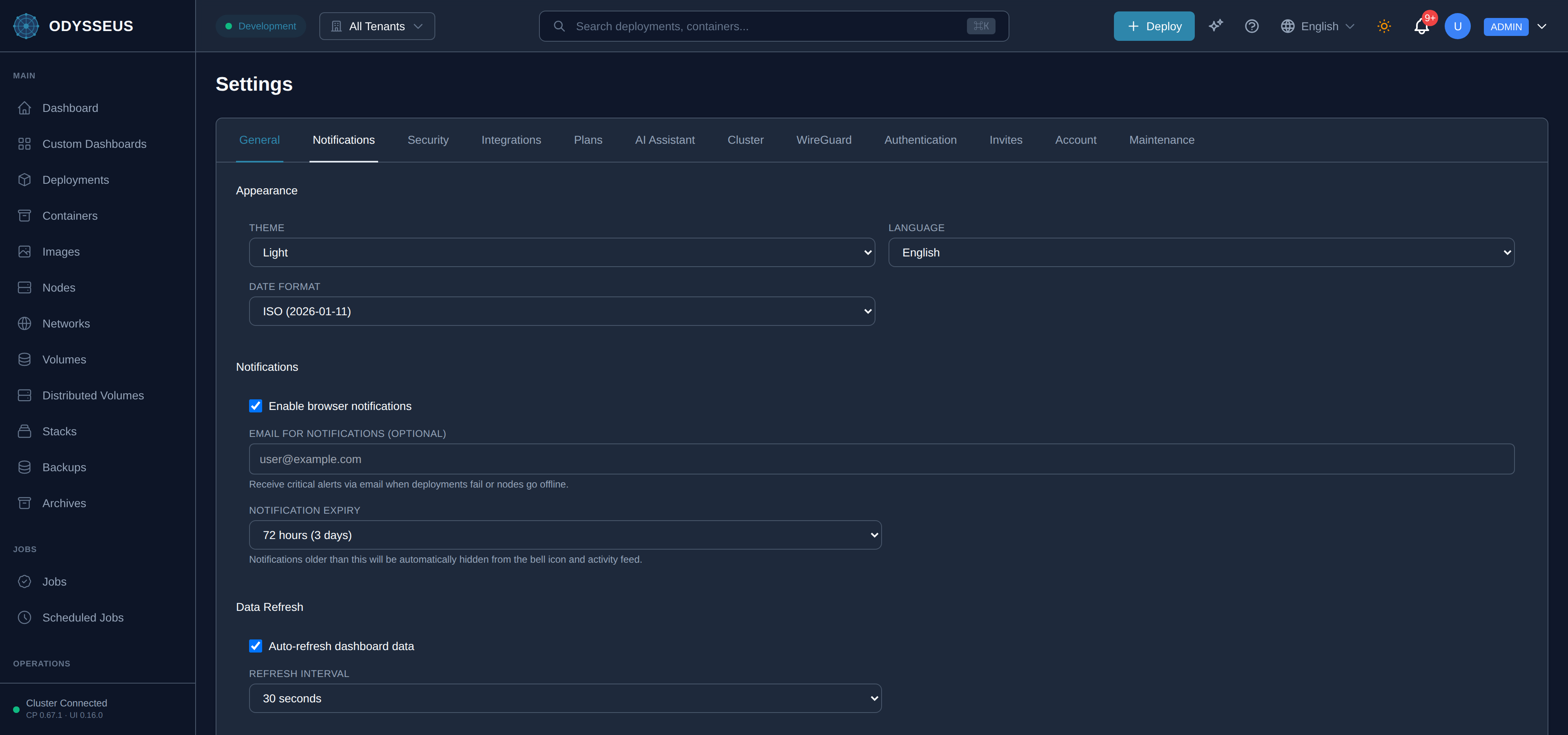 The Settings screen in the Odysseus dashboard.