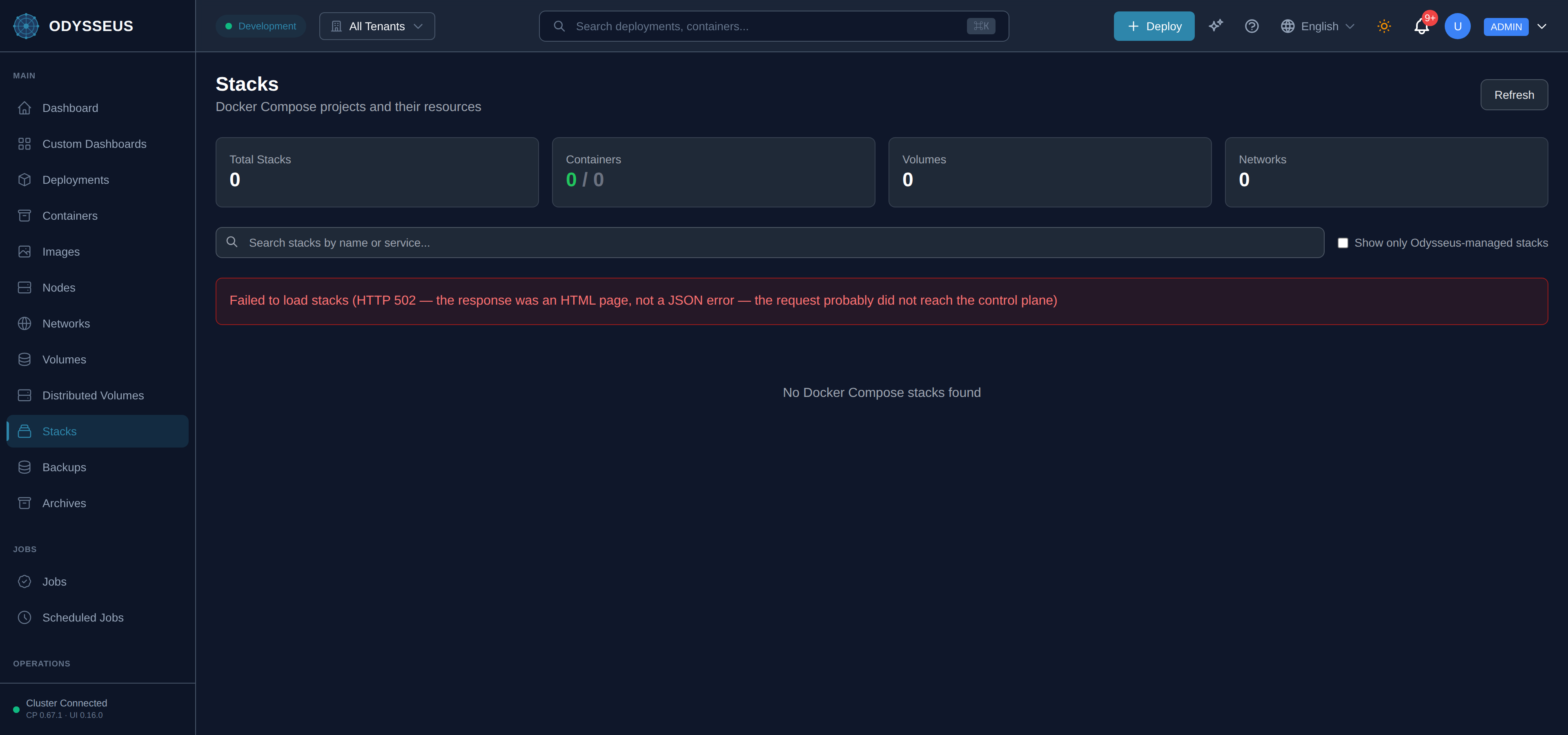 The Stacks screen in the Odysseus dashboard.