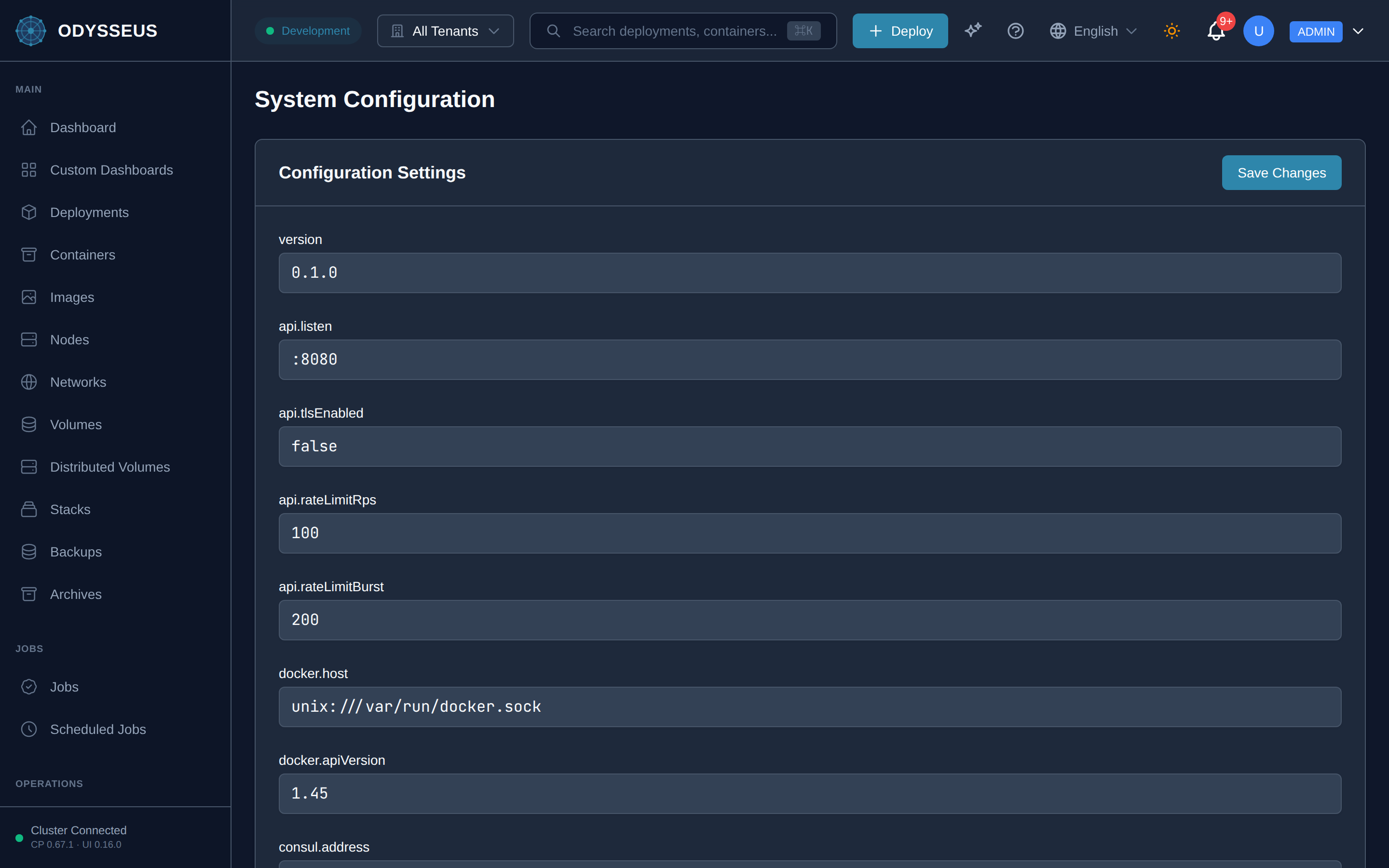 The System Config screen in the Odysseus dashboard.