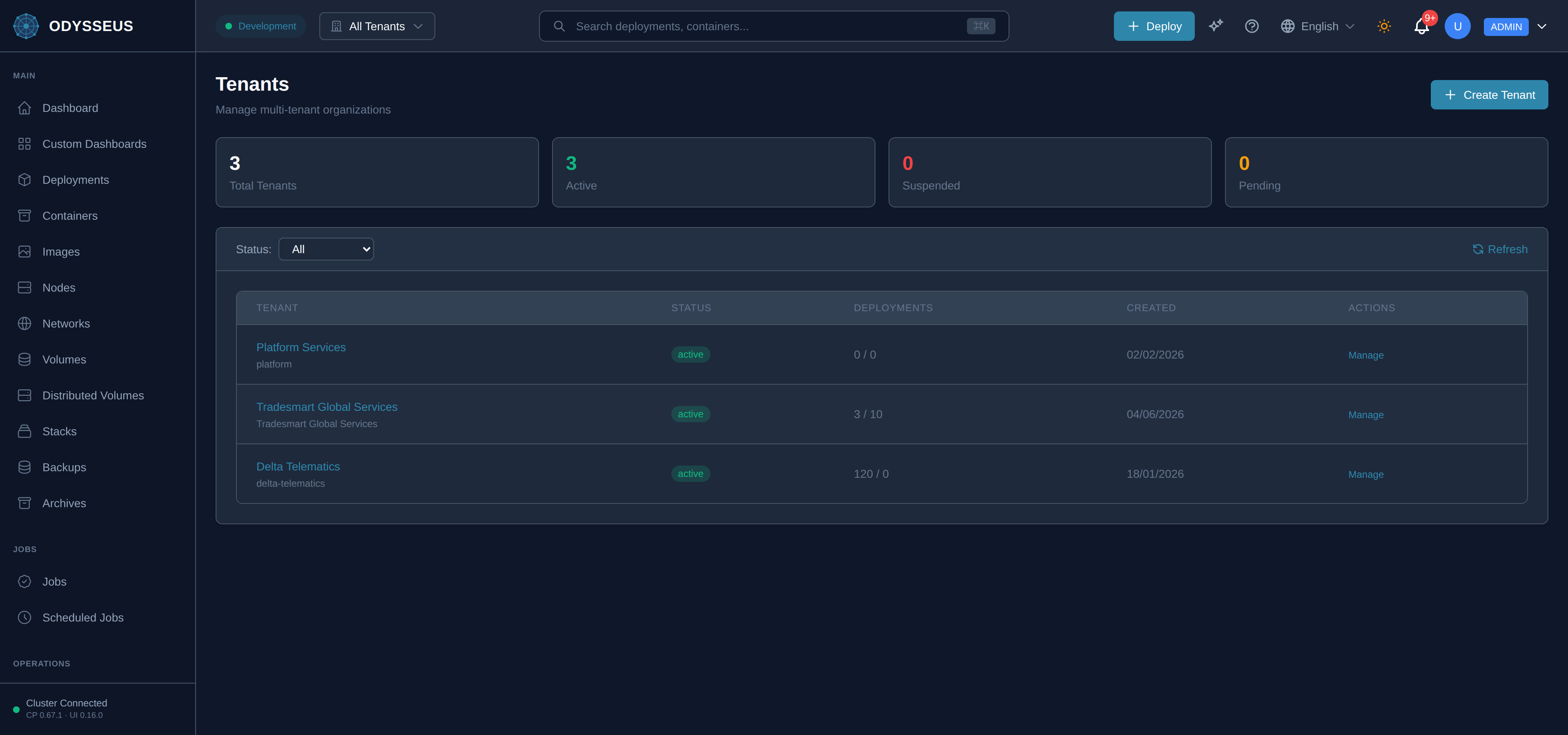 The Tenants screen in the Odysseus dashboard.