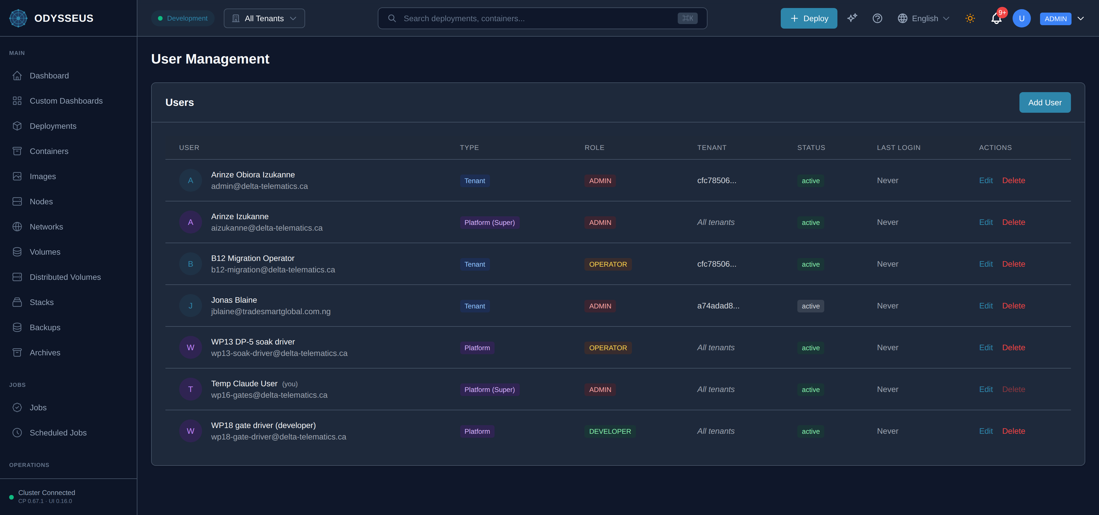 The Users screen in the Odysseus dashboard.