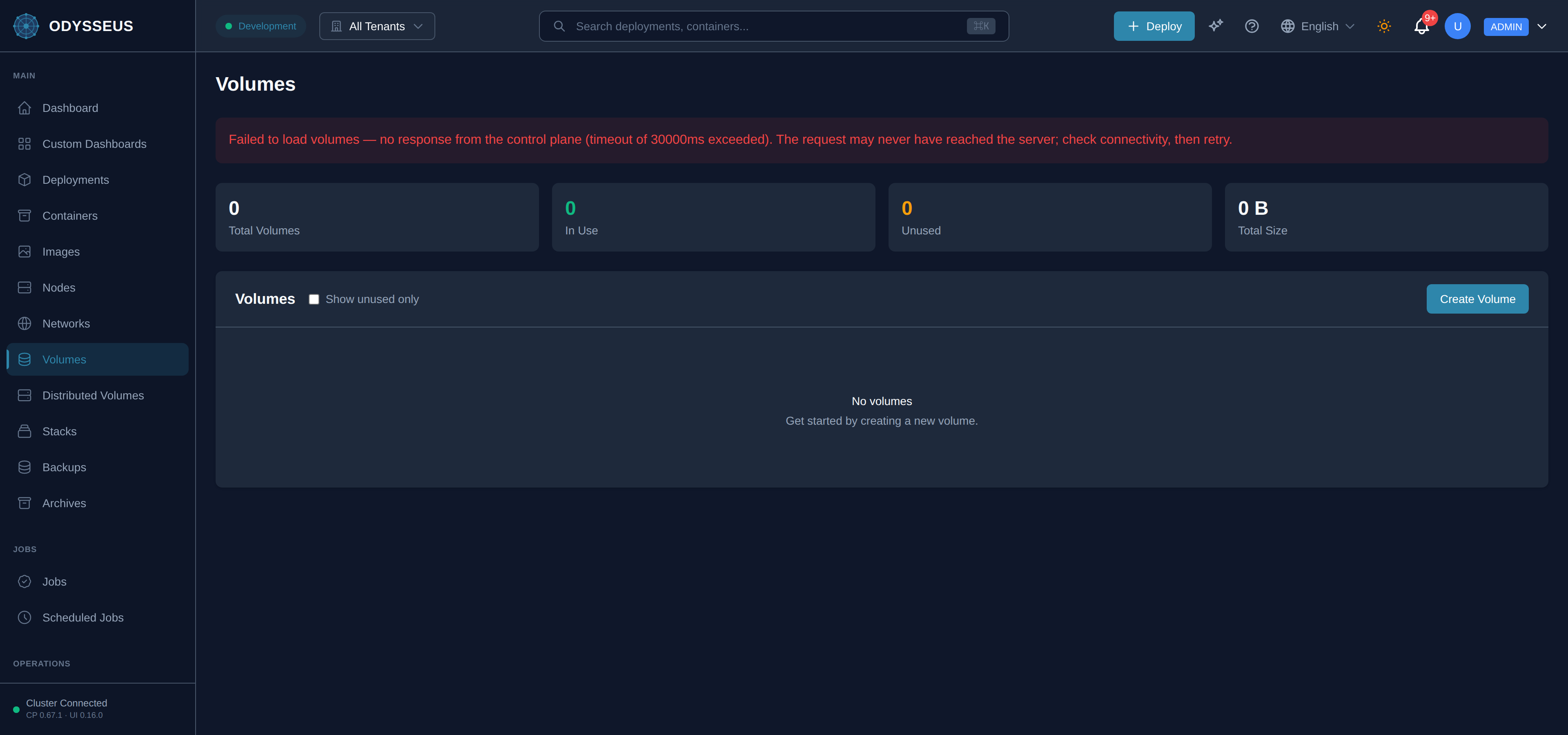 The Volumes screen in the Odysseus dashboard.