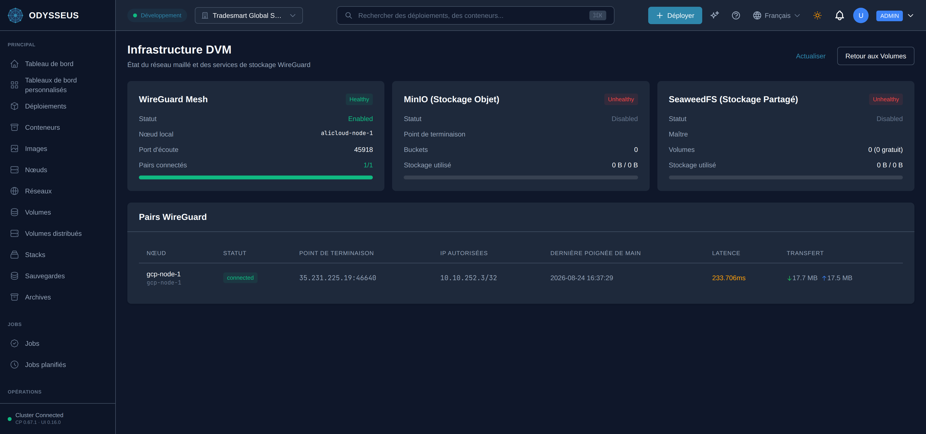 L'écran Infrastructure DVM dans le tableau de bord Odysseus, affichant l'état du maillage WireGuard, les services de stockage objet et partagé, et une table de pairs donnant l'état de connexion, la dernière poignée de main et les octets transférés de chaque nœud pair.