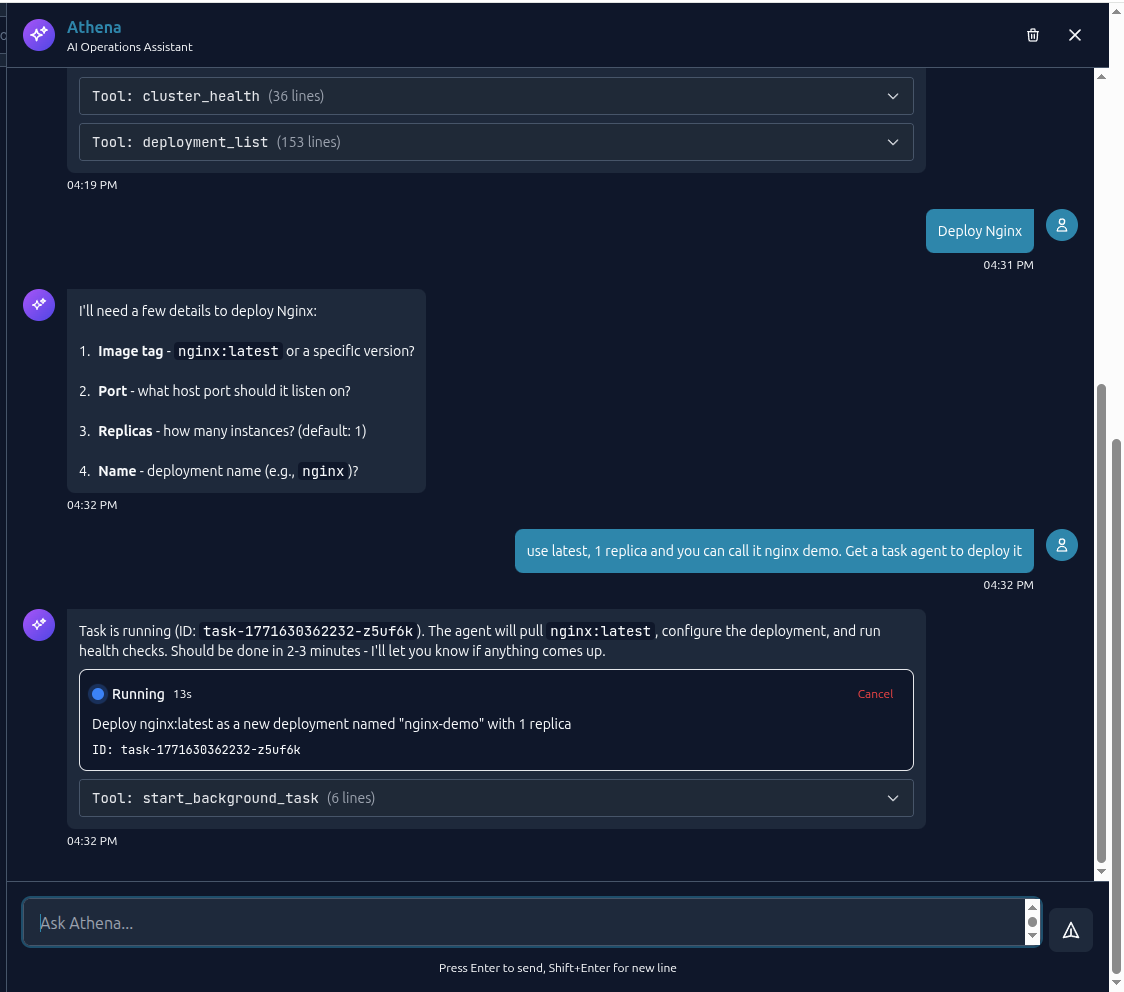 Athena AI deploying nginx via natural language conversation — asks for image tag, port, replicas, then launches deployment task