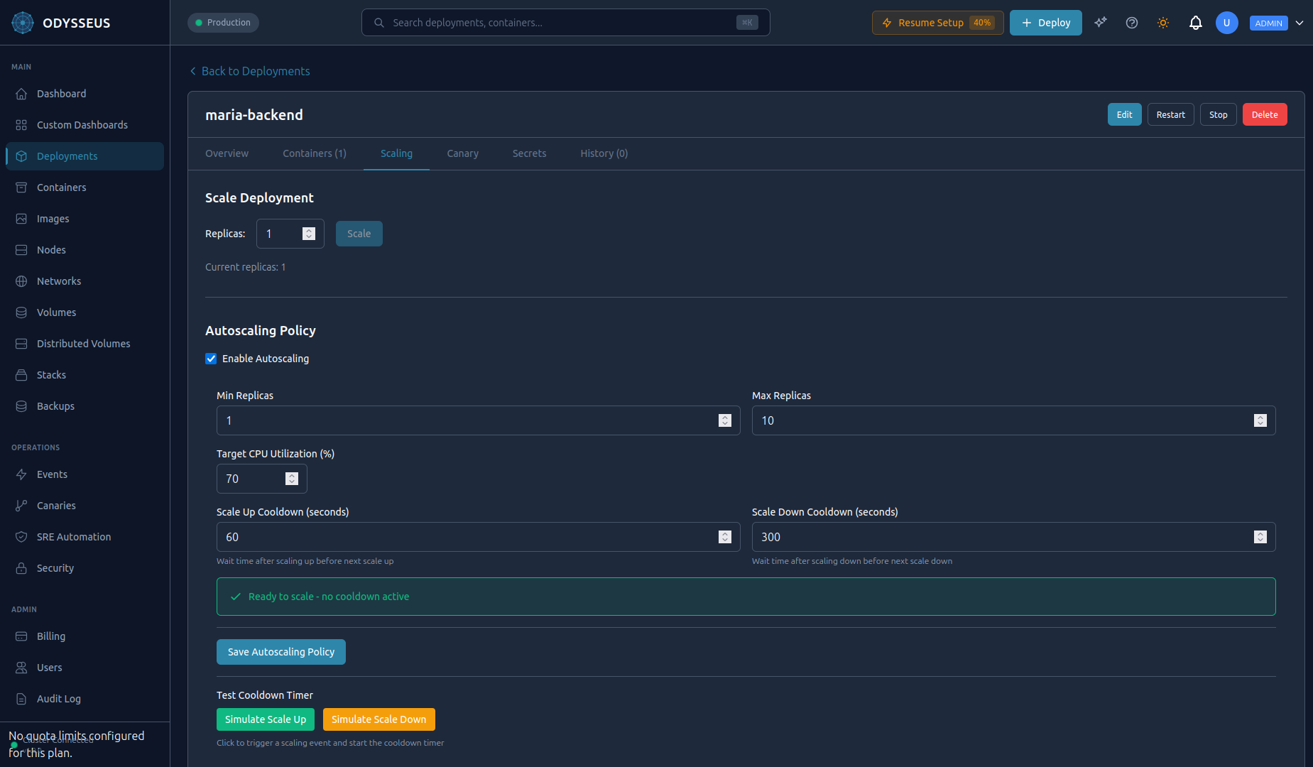 Autoscaling policy configuration with min/max replicas, target CPU, and cooldown settings