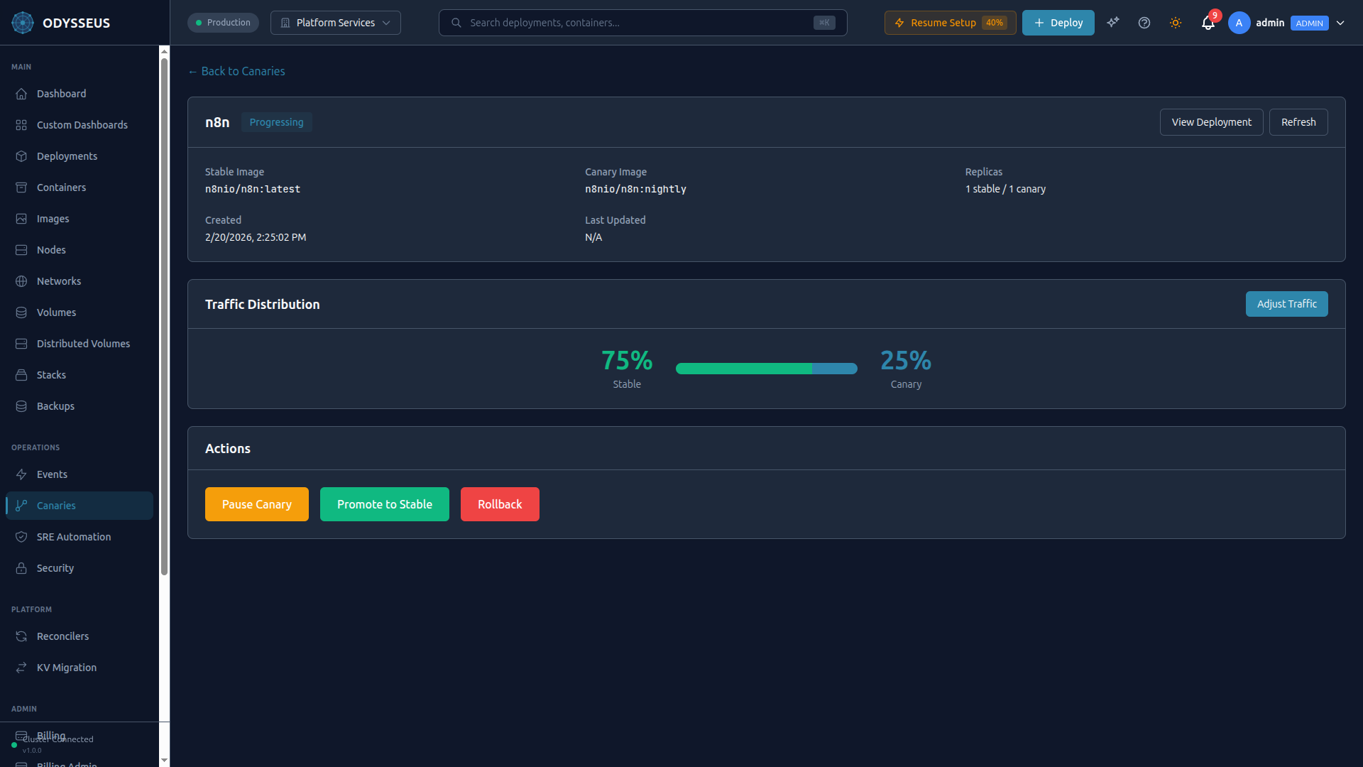 Canary detail view showing n8n with 75% stable / 25% canary traffic distribution, Promote and Rollback actions