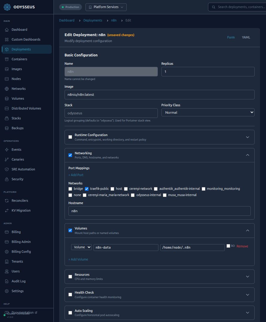 Edit Deployment form showing networking, volumes, resources, health checks, and autoscaling configuration
