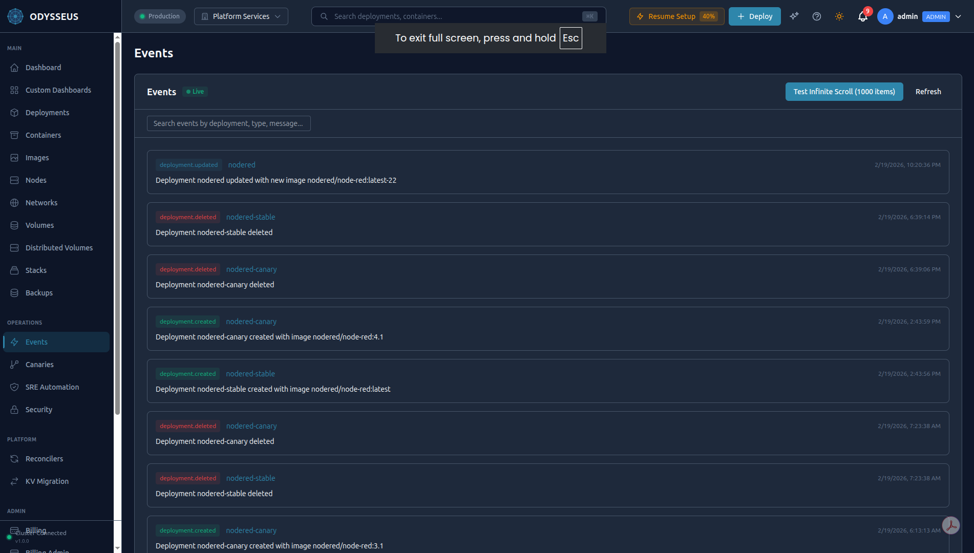 Events timeline showing deployment updates, canary creation, container lifecycle events