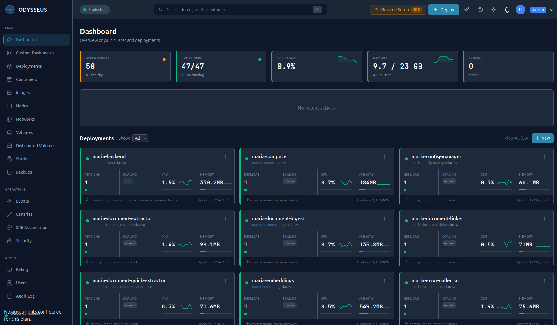 Odysseus dashboard — the central control plane interface showing cluster health, deployments, and resource utilization