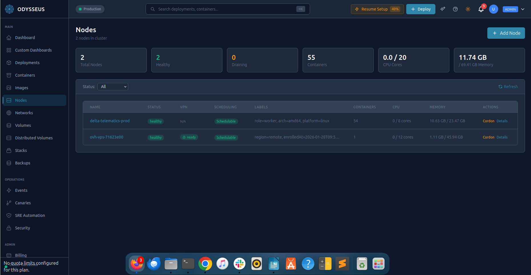 Nodes view showing 2 connected nodes with health status, VPN, scheduling, containers, CPU and memory metrics